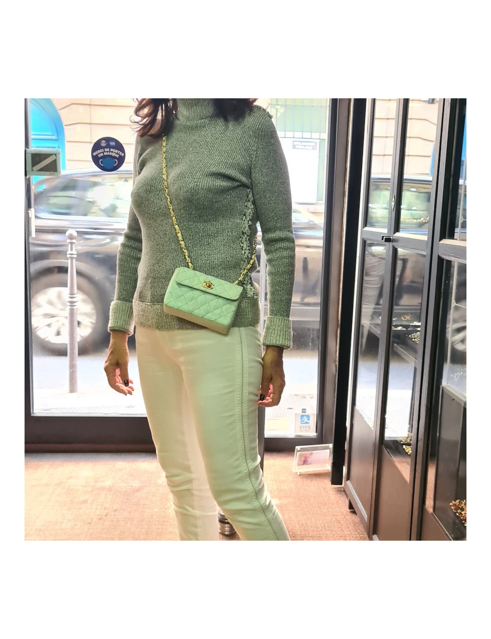 Mini sac CHANEL tissu paille vert d'eau