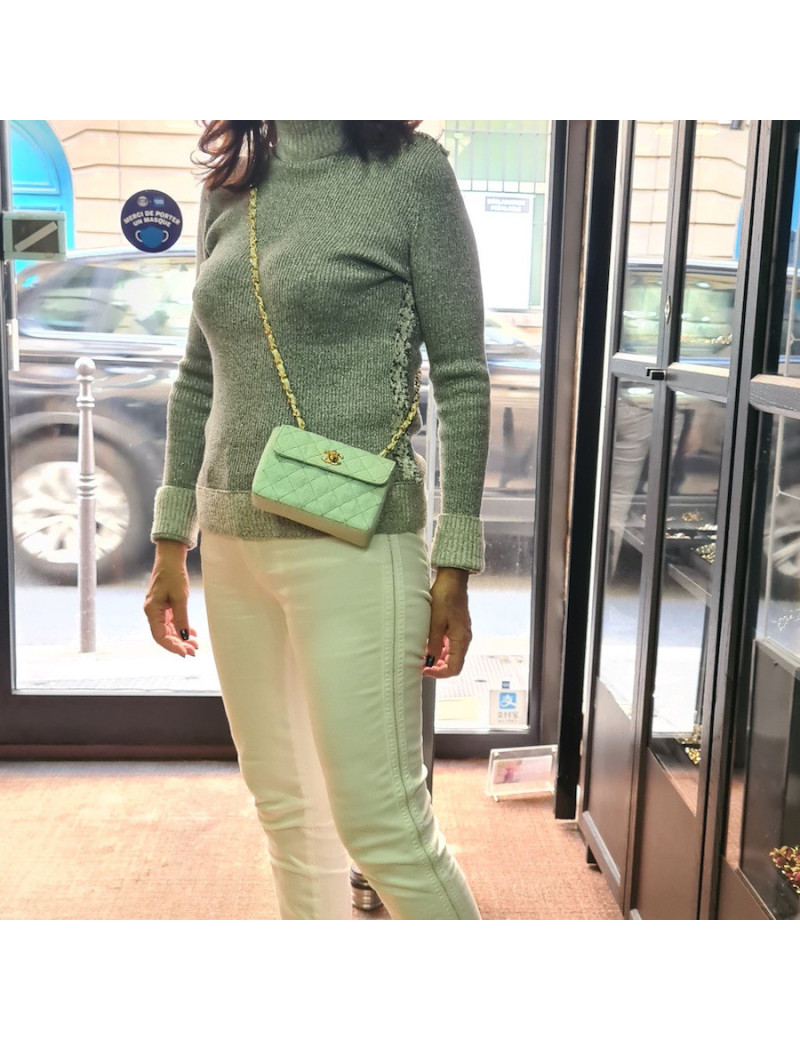 Mini sac CHANEL tissu paille vert d'eau