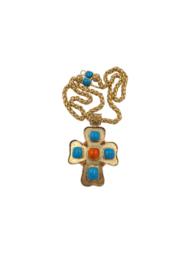 Sautoir Croix Marguerite de Valois Couture turquoise corail