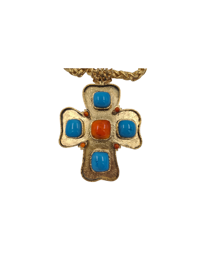 Sautoir Croix Marguerite de Valois Couture turquoise corail