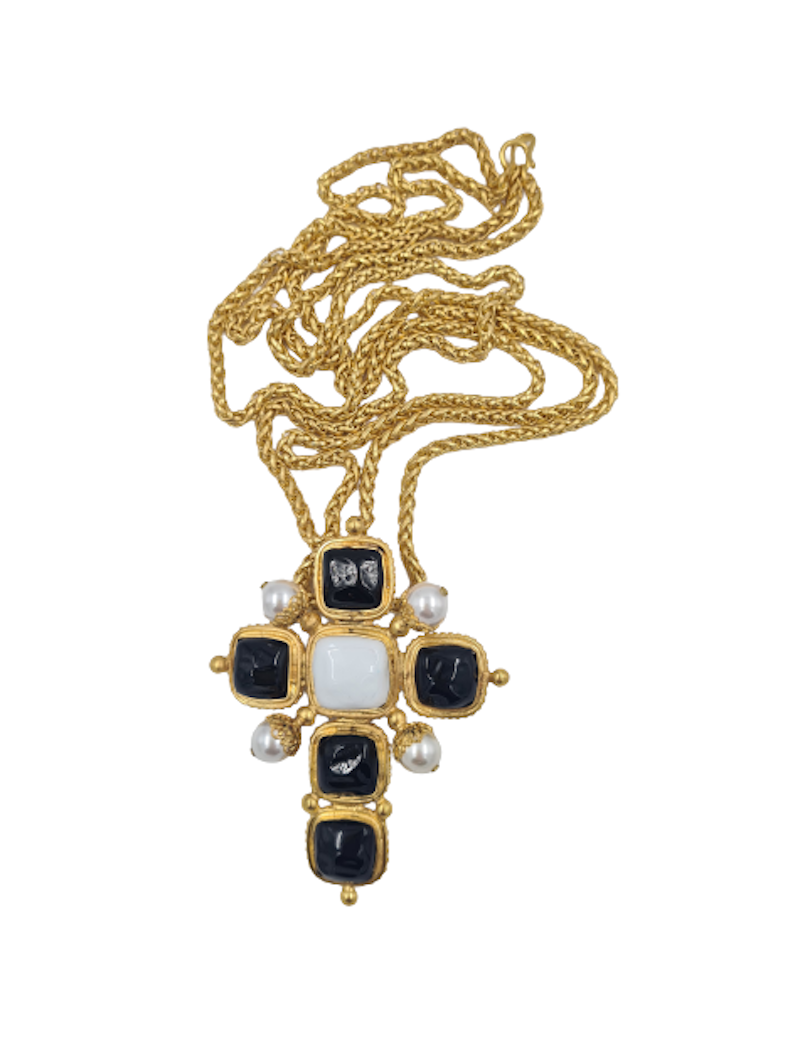 Sautoir croix Marguerite de Valois couture noir et blanc