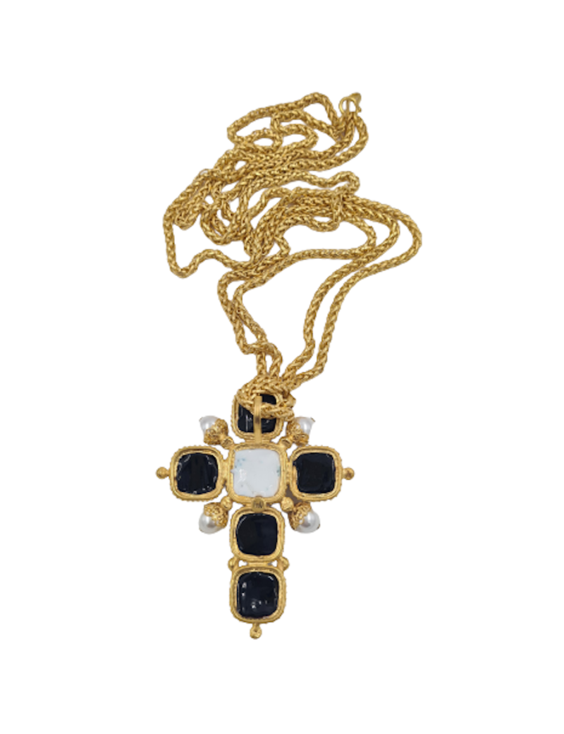 Sautoir croix Marguerite de Valois couture noir et blanc