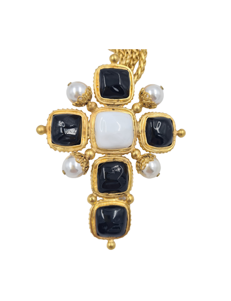 Sautoir croix Marguerite de Valois couture noir et blanc