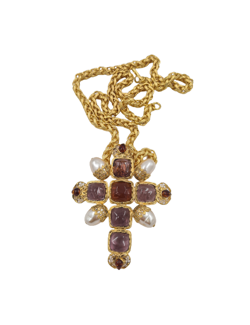 Sautoir croix Marguerite de Valois topaze améthyste perles nacées