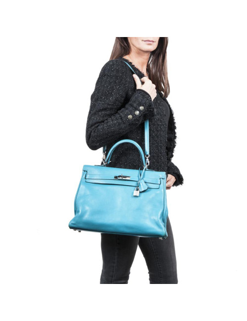 Sac HERMES Kelly II 35 en cuir de veau swift bleu izmir avec bandoulière
