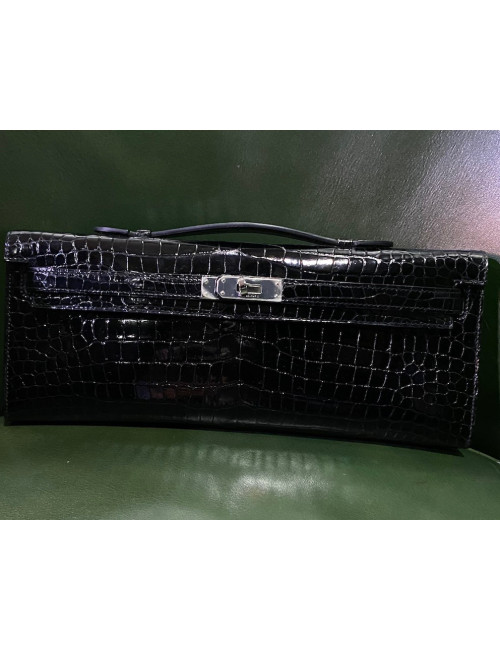 HERMES Kelly cut black Porosus crocodile