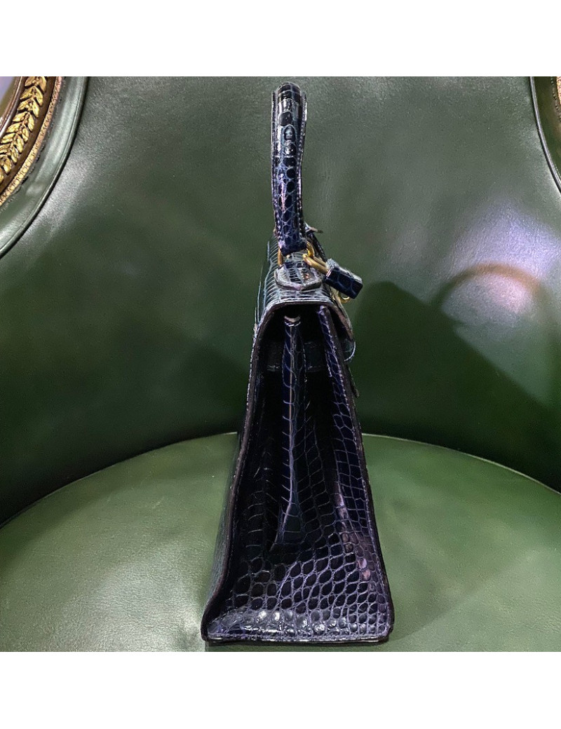 Kelly 28 HERMES crocodile porosus bleu nuit