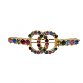 CHANEL CC Hair Clip in Gilt Metal and Multicolored Rhinestones