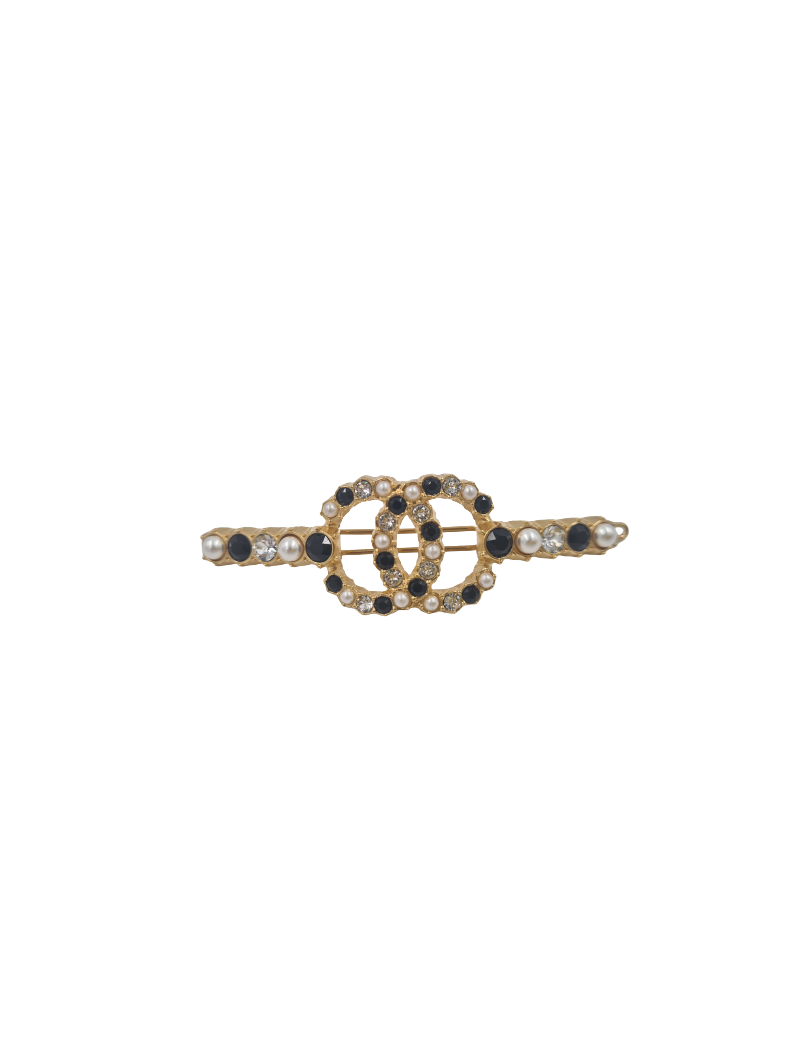 Barrette CHANEL dorée noir strass 
