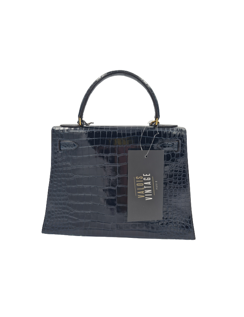 Kelly 28 HERMES crocodile porosus bleu nuit