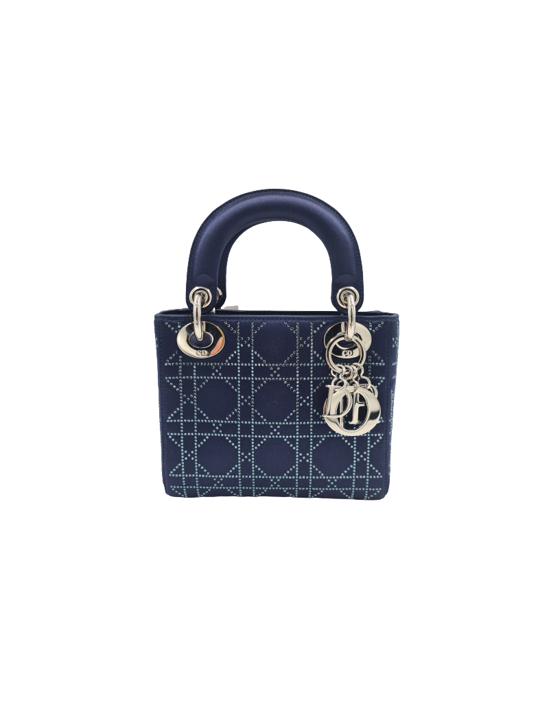 Mini Lady Dior satin bleu cannage strass