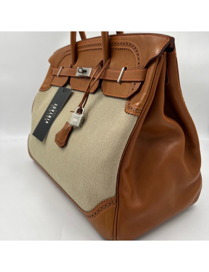 Birkin Ghillies 40 toile et cuir barenia gold