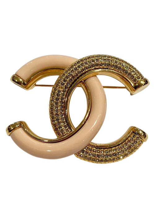 Broche CHANEL dorée corail strass