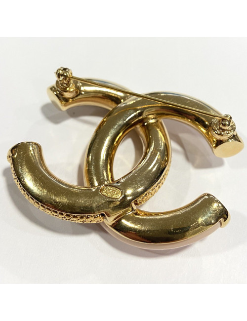 Broche CHANEL dorée corail strass