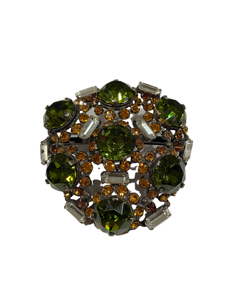 Broche sertie de cabochons verts et baguettes cristal