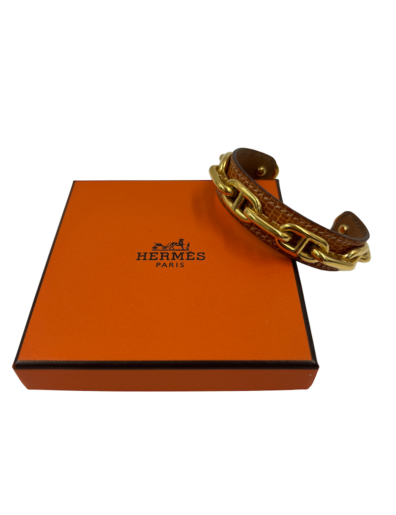Bracelet HERMES cuir et chaine d'ancre doré