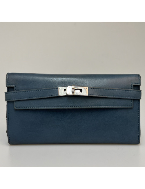 Portefeuille Kelly HERMES cuir bleu
