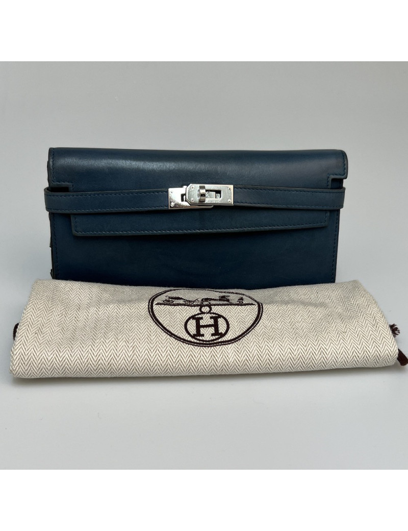 Portefeuille Kelly HERMES cuir bleu