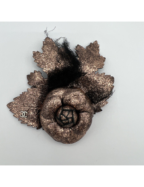 CHANEL Camellia Brooch in Moiré Leather - Superb Authentic Occasion