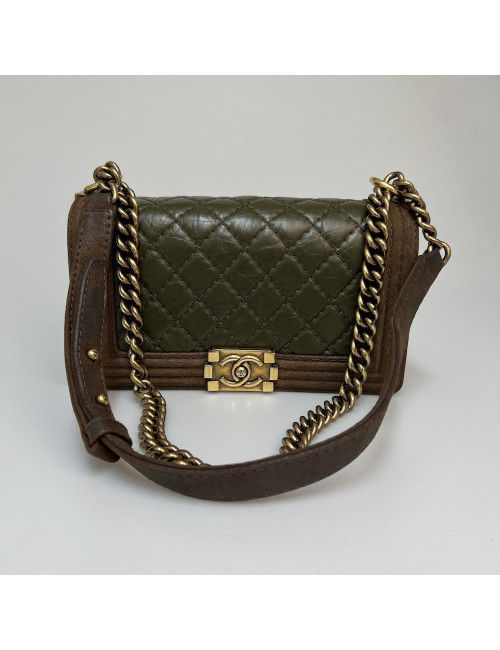 Boy CHANEL cuir bicolore kaki marron