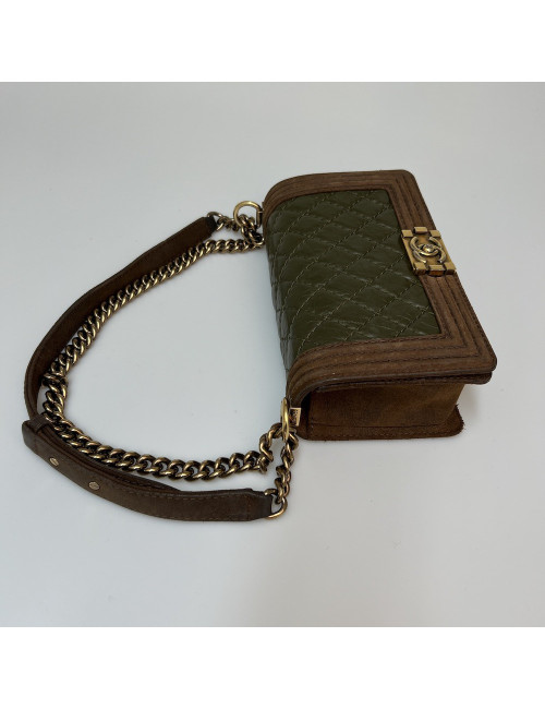 Boy CHANEL cuir bicolore kaki marron