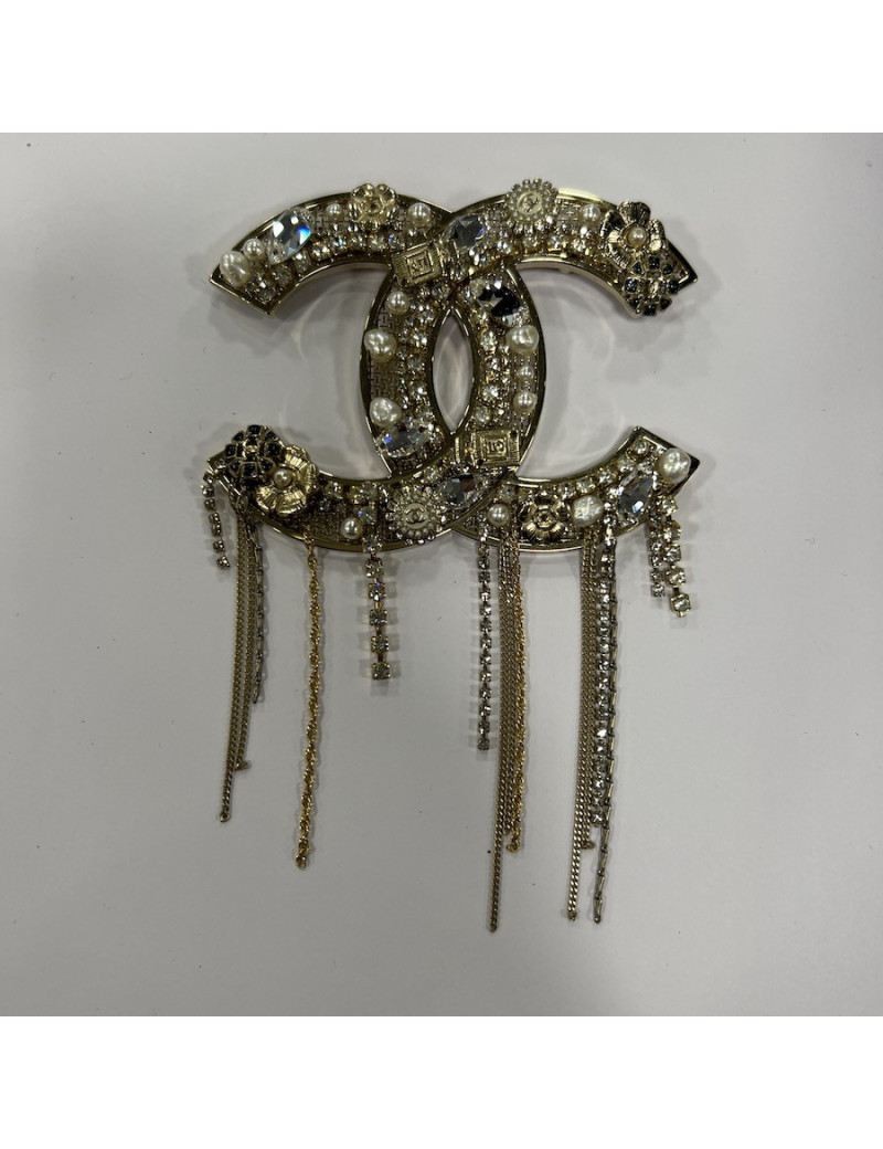 Grande broche CHANEL strass perles et chaînes