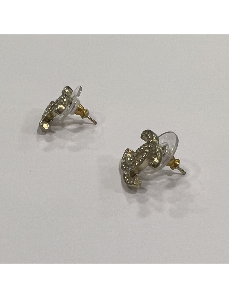 Chanel  CC Studs Earrings in Pale Gilded Metal set with Rhinestones