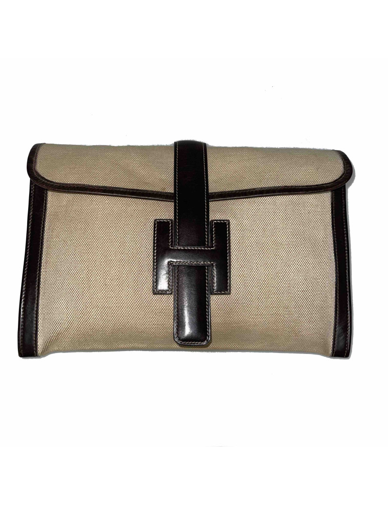 Pochette Jige HERMES toile cuir marron Vintage