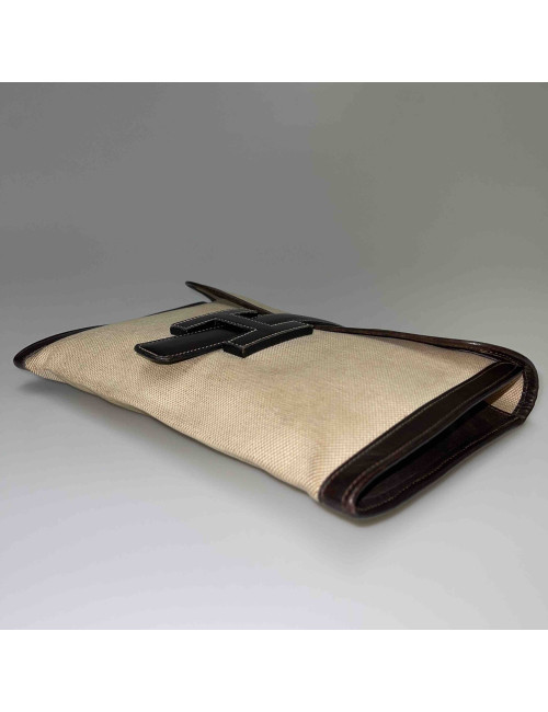 HERMES vintage Jige clutch in canvas and dark brown leather