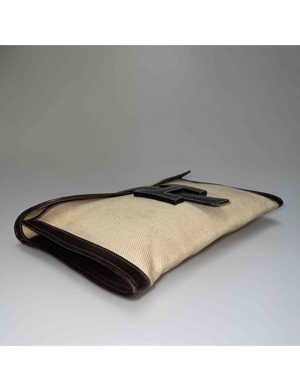 HERMES vintage Jige clutch in canvas and dark brown leather
