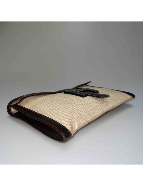 HERMES vintage Jige clutch in canvas and dark brown leather