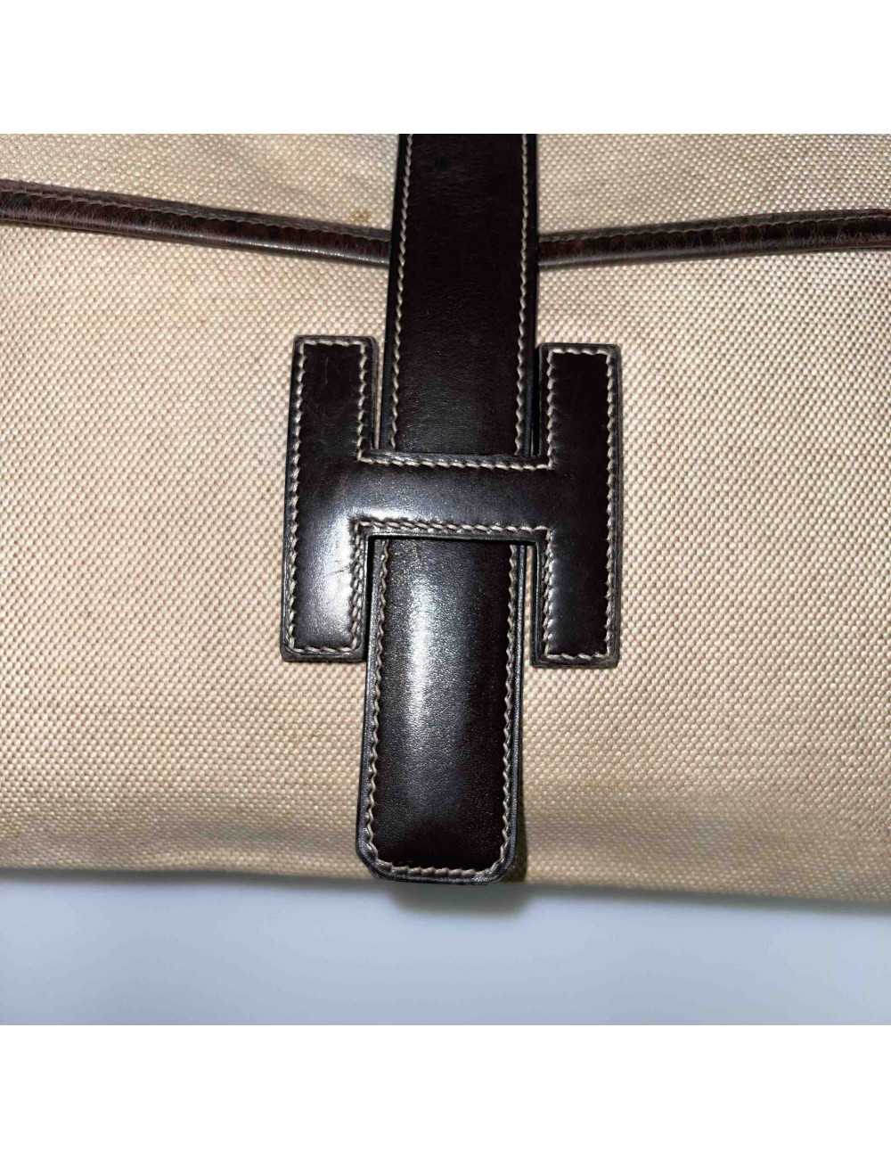 HERMES vintage Jige clutch in canvas and dark brown leather