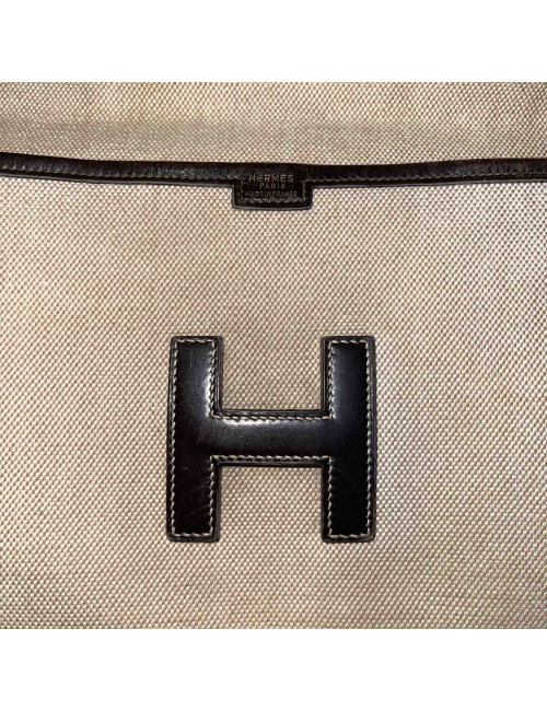 HERMES vintage Jige clutch in canvas and dark brown leather