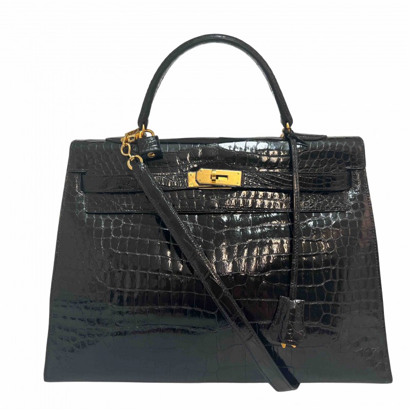 HERMES vintage kelly 28 bag in black porosus crocodile - VALOIS VINTAGE  PARIS
