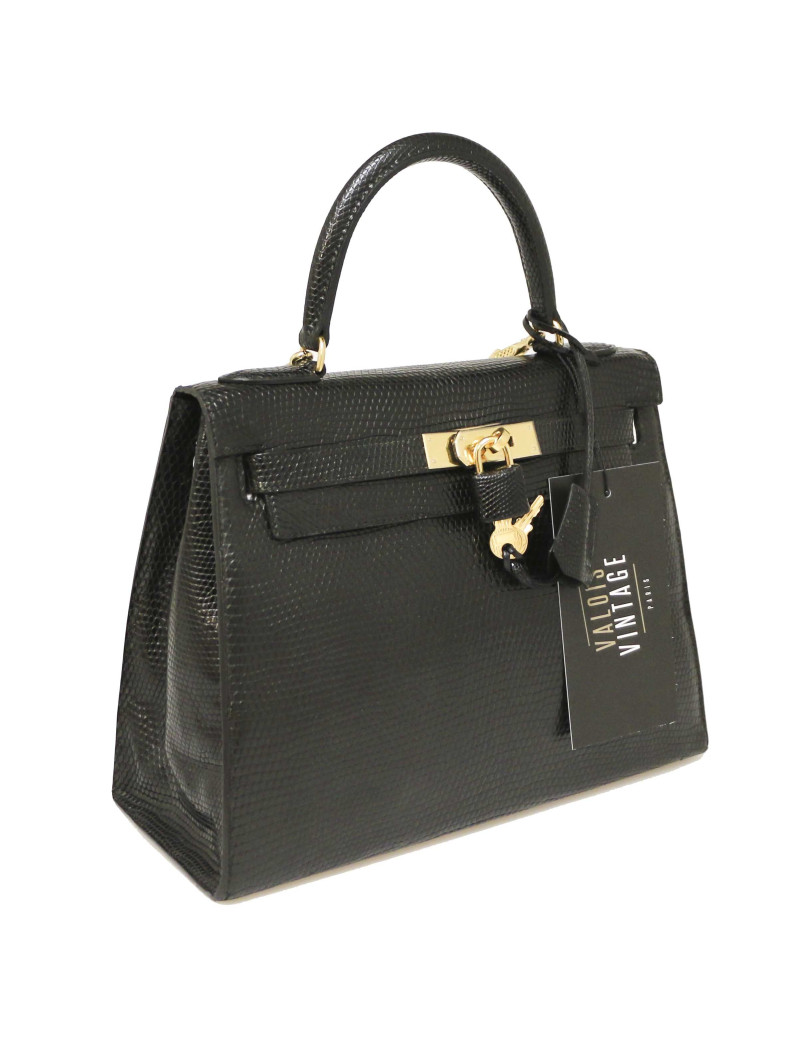 Sac à main Kelly 32 HERMES lezard Varan du Nil noir