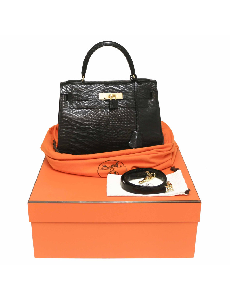 Sac à main Kelly 32 HERMES lezard Varan du Nil noir