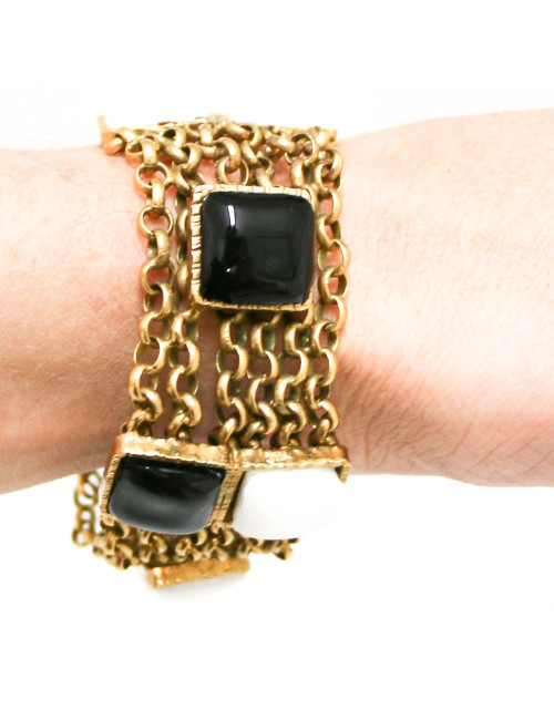 Bracelet MARGUERITE DE VALOIS Cabochons  pâte de verre blanche et noire