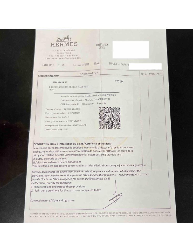 Broche sardine HERMES argent alligator veau