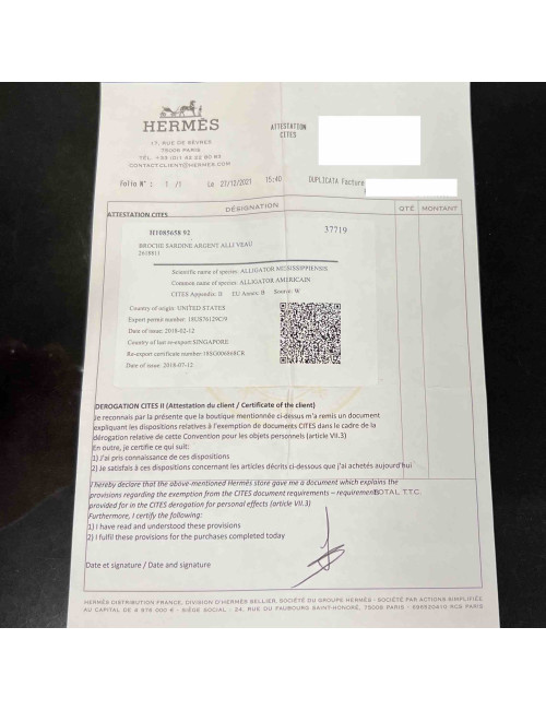 Broche sardine HERMES argent alligator veau