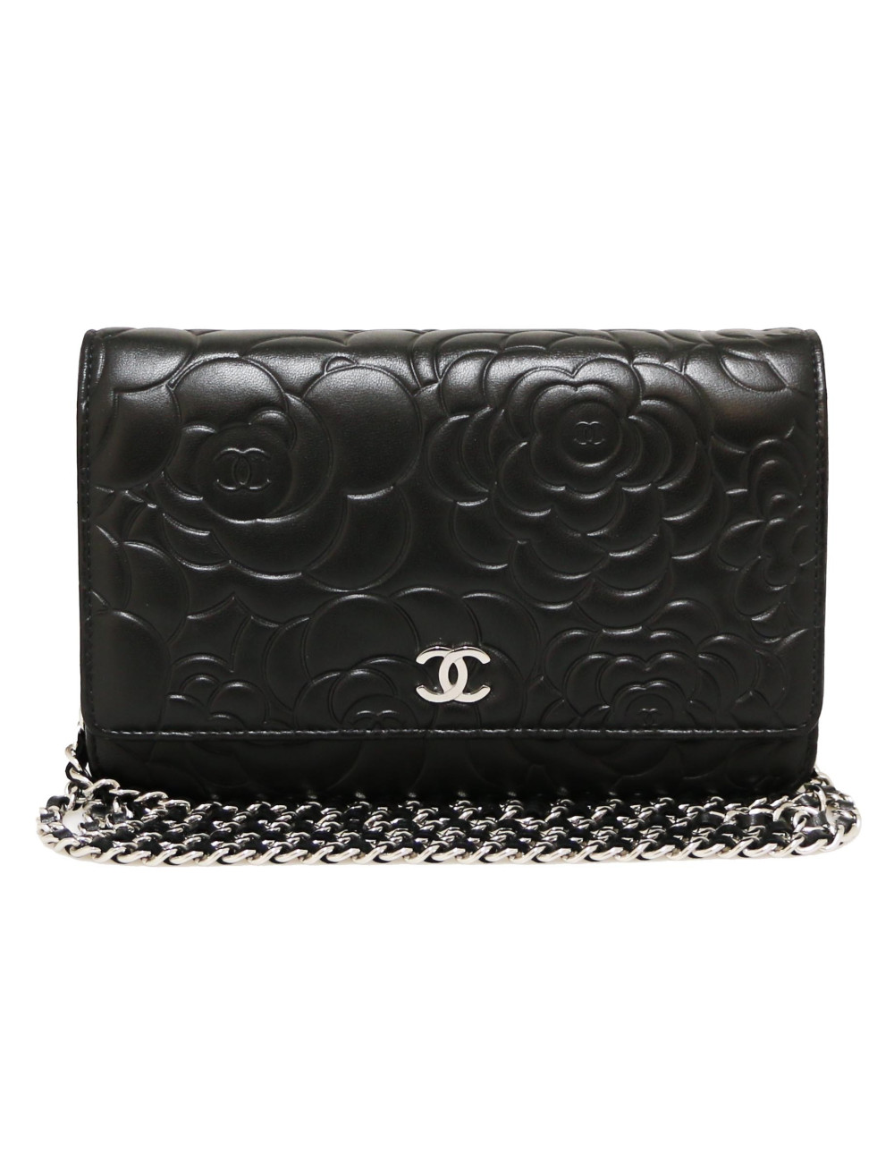 Wallet on chain CHANEL camélias noirs embossés