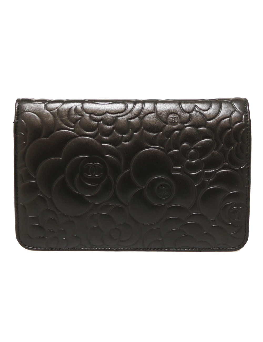 Wallet on chain CHANEL camélias noirs embossés