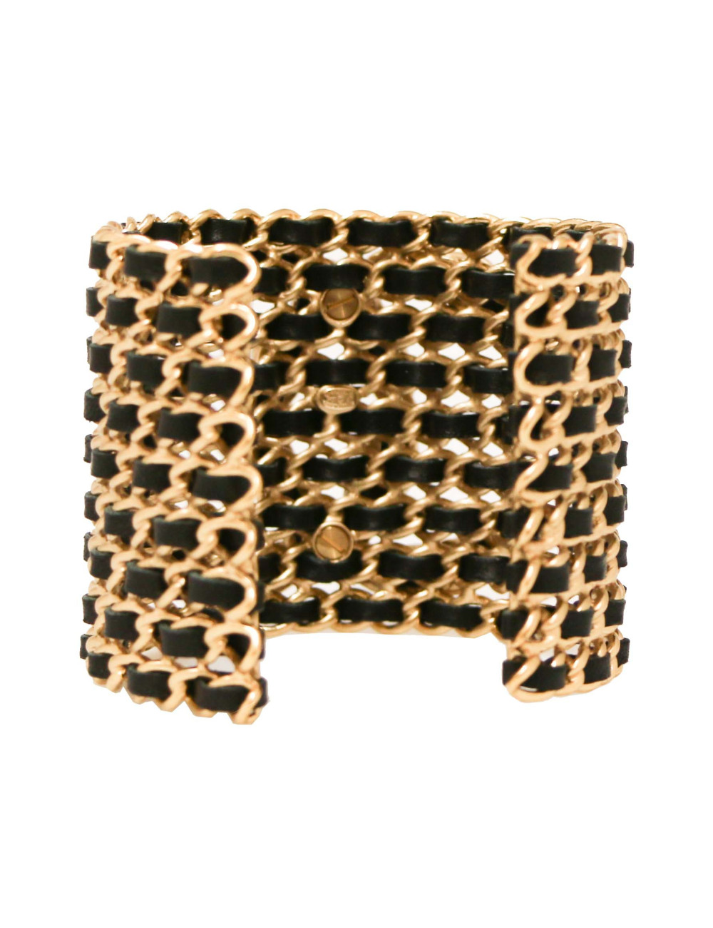CHANEL gold chain and black leather cuff