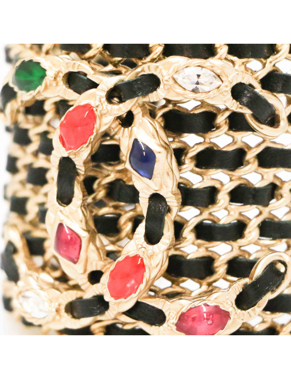 CHANEL gold chain and black leather cuff