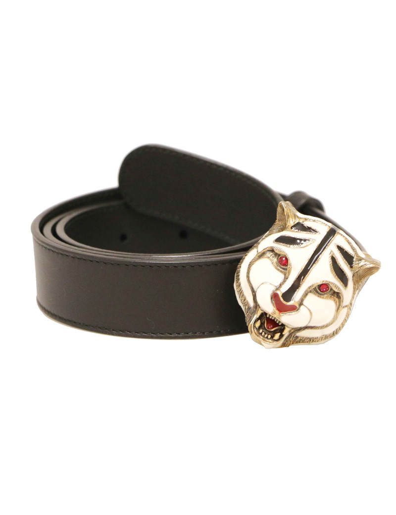 Ceinture GUCCI T95 en cuir noir et tête de tigre