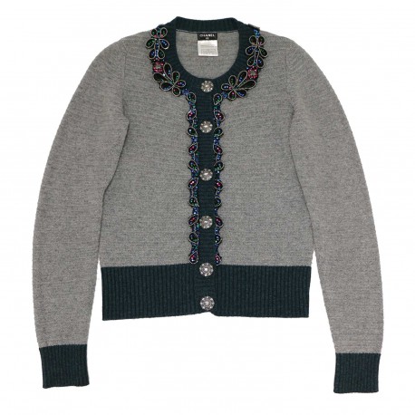 Cardigan gris CHANEL T38 broderies