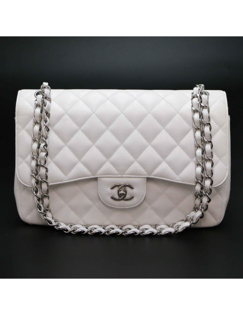 Jumbo CHANEL cuir grainé blanc