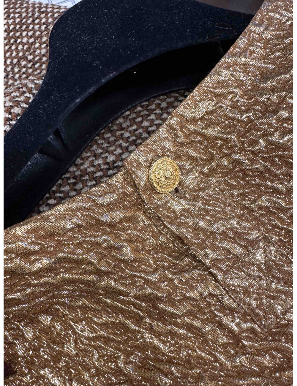  Veste CHANEL T 36  laine marron et beige avec haut en soie lamé or 