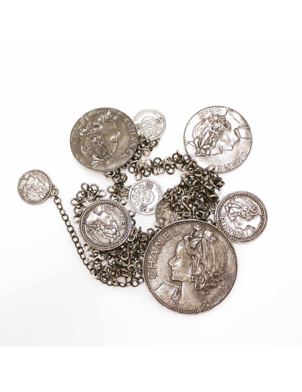 CHANEL silver coins belt-necklace
