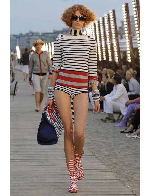 CHANEL pink and white striped open-toe boots