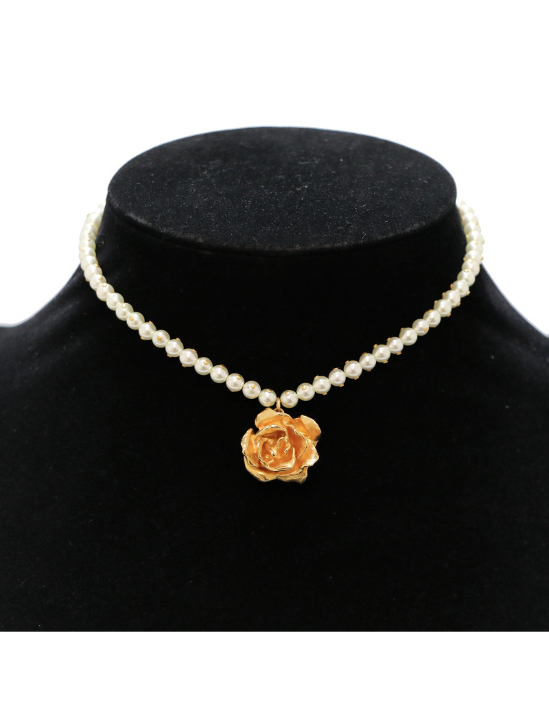 Collier perles DIOR pendentif rose métal doré